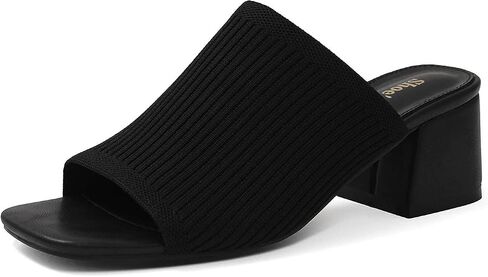 Shoe'N Tale Knit Heeled Sandals for Women Square Open Toe Mules Block Low Heel Slip On Slides in Saudi Arabia