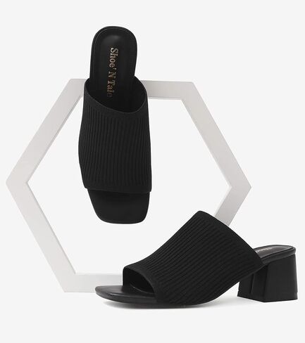Shoe'N Tale Knit Heeled Sandals for Women Square Open Toe Mules Block Low Heel Slip On Slides in Saudi Arabia