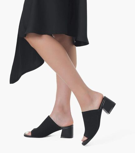 Shoe'N Tale Knit Heeled Sandals for Women Square Open Toe Mules Block Low Heel Slip On Slides in Saudi Arabia