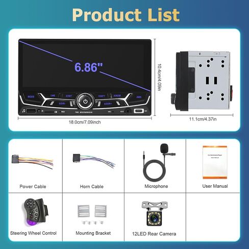 Hodozzy Wireless Carplay & Android Auto Double Din Car Stereo, 6.86" HD Touch Screen Bluetooth Car Audio Receiver with Backup Camera Mirror Link EQ FM SWC, Support TF/USB/U Disk/AUX/TYPE-C Charging in Saudi Arabia