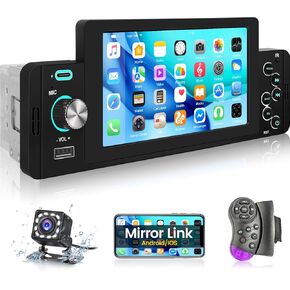 Bluetooth Single Din HD Touchscreen Car Stereo - 5 inch 1 Din Car MP5 Player - Mirror Link, FM Radio, EQ Settings, USB/Type-C Input, Steering Wheel Control + 12 LED Rear View Camera