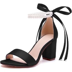 Women's Open Toe Pearl Wedding Shoes for Bride High Heels Sandals Satin Bridal Shoes Block Chunky Heels Ankle Strap Prom Evening Party Shoes Pumps