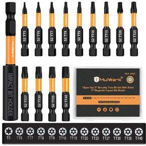 MulWark 2" Torx Bits 14pcs T5-TT40 Torx Socket Set - S2 Steel Security Torx Bit Set with Magnetic Bit Holder