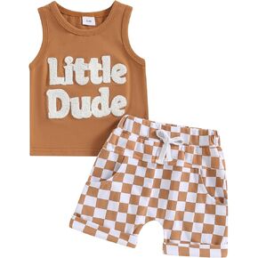 Toddler Baby Boy Summer Outfits Little Dude Embroidery Sleeveless Tank Top Checkerboard Shorts Set 2Pcs Clothes