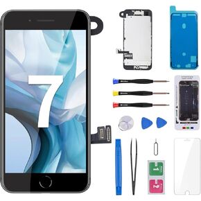 لشاشة iPhone 7 البديلة باللون الأسود مع زر الصفحة الرئيسية 4.7 بوصة شاشة LCD ثلاثية الأبعاد تعمل باللمس محول رقمي مجموعة كاملة مع كاميرا أمامية ومكبر صوت للأذن طقم إصلاح أدوات إصلاح الزجاج الأمامي لـ A1660، A1778، A1779