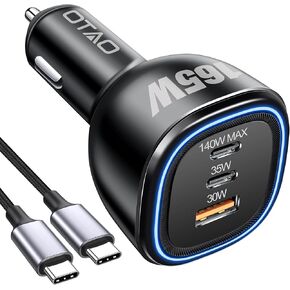 165W USB C Car Charger, Super Fast Charging GaN Charger PD3.1 140W/35W PPS 45W+USBA 30W Multi Ports Car Cigarette Lighter Adapter With Type C Cable For iPhone/Samsung/Pixel/iPad Macbook Pro Air Laptop