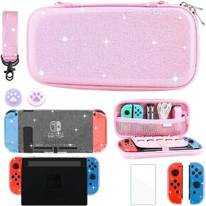 GLDRAM Pink Travel Case for Nintendo Switch OLED & Accessories, Portable Carrying Case with Clear Glitter Dockable Switch OLED Protective Skin Cover, Screen Protector, Shoulder Strap & 2 Thumb Caps