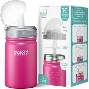 Mason Bottle Stainless Steel Straw Cup, Light-Weight, Single-Wall - Includes 1 Stainless Steel Mason Jar, 1 Ring & Cap, 1 Straw Top (Green)