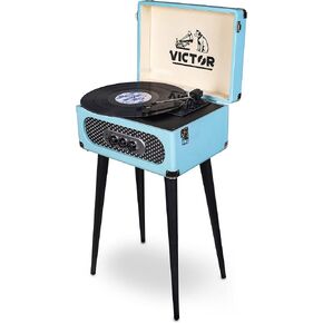 VICTOR Andover 5-in-1 Turntable Music Center with 3-Speed Record Player, FM Radio, Dual Bluetooth in & Out, Built-in Stereo Speakers, and Chair Height Legs, Red