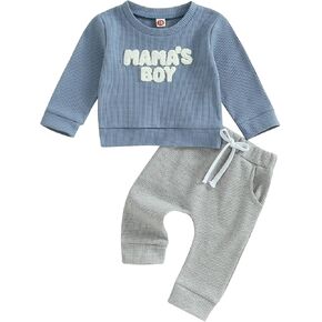 Kupretty Toddler Baby Boy Fall Winter Clothes Embroiderey Waffle Knit Sweatshirt Tops + Jogger Pants Cute Clothing Set