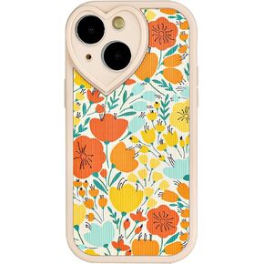Compatible with iPhone 14 Floral Case [ Cute Heart Lens Frame ] [ Luxury Shockproof Protection ] iPhone 14 Creamy-White Case for Women Girls