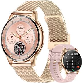 Smartwatch for Women, Waterproof Bluetooth Call Watch for Android iOS Phones, 1.32" AMOLED Round Touch Screen Fitness Tracker with 100+ Sports Modes/Health Monitor/Password Lock (Gold)