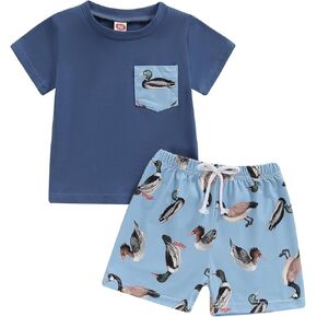 Toddler Baby Boys Duck Shorts Sets Mallard Duck Print Short Sleeve T Shirts and Shorts Suit 2 Pcs Summer Outfits