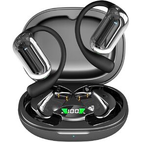 JIECAN Open Ear Headphones Bluetooth V5.3 Wireless Earbuds with Earhooks with Digital Display Charging Case, Conduction Headphones with Mic Waterproof Sport Earbuds for Running (White)
