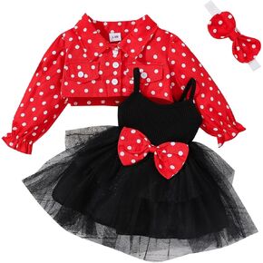Baby Girls Tutu Dress Summer Sleeveless Outfits Tutu Dress + Love/Dots Print Jacket + Headband 3PC Set Red 3-24 Months
