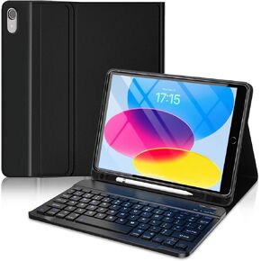 حافظة iPad الجيل العاشر مع لوحة مفاتيح بلوتوث لاسلكية 2022، حامل أقلام مدمج - iPad الجيل العاشر 10.9 بوصة غطاء لوحة المفاتيح موديل A2696/A2757/A2777- أزرق سماوي
