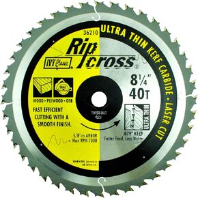 IVY Classic 36210 Ripcross 8-1/4" 40 Tooth Ultra Thin Kerf Carbide Circular Saw Blade with 5/8" Diamond Arbor, 1/Card