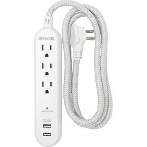 Woods 41025, 250 Joules Protection 3-Outlet 250J Surge Protector with 4' Braided Fabric Cord, Charger, White, 2.4A (2) USB