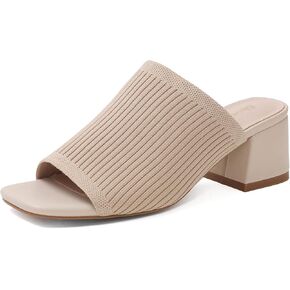 Shoe'N Tale Knit Heeled Sandals for Women Square Open Toe Mules Block Low Heel Slip On Slides