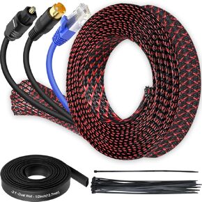 Cable Management Sleeve, 10FT Braided Sleeve Cover Wire Cord Protector 1/2 inch, Cord Management Split Sleeving for USB Cable Power Cord Audio Video Cable, Black