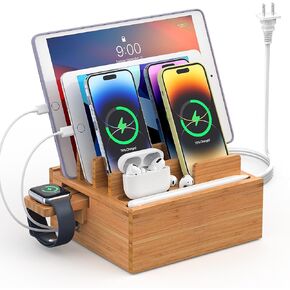 Pezin & Hulin Multi Device Charging Station, with Charger HUB Adapter, All in One Large Dock Organizer with Drawer Storage, Compatible with Phones, Tablets, Earbuds (5 Mixed Cables Included)