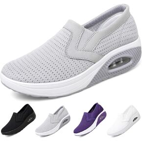Women's Platform Orthopedic Air Cushion Walking Shoes Mesh Breathable Diabetic Nurse Work Sneakers Slip-ons Light Wedge Ladies Toning Rocker Shoe (grey,9,Women,9)