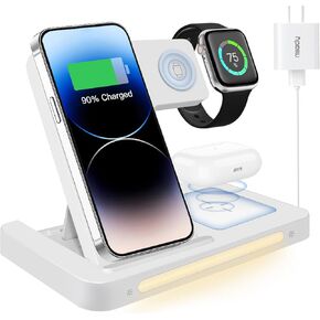 Miady Wireless Charging Station, Foldable 3 in 1 Wireless Charger for iPhone 15/14/13/12, iWatch Series 8/7/6/5/SE/4/3/2 & AirPods Pro/3/2 (Adapter Included)- White