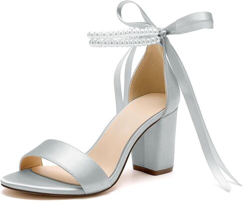 Women's Open Toe Pearl Wedding Shoes for Bride High Heels Sandals Satin Bridal Shoes Block Chunky Heels Ankle Strap Prom Evening Party Shoes Pumps in Saudi Arabia