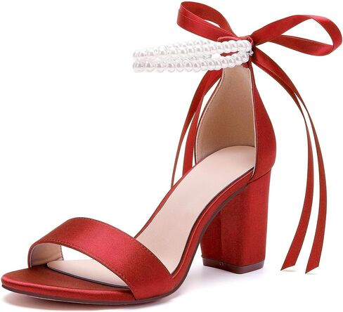Women's Open Toe Pearl Wedding Shoes for Bride High Heels Sandals Satin Bridal Shoes Block Chunky Heels Ankle Strap Prom Evening Party Shoes Pumps in Saudi Arabia