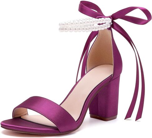 Women's Open Toe Pearl Wedding Shoes for Bride High Heels Sandals Satin Bridal Shoes Block Chunky Heels Ankle Strap Prom Evening Party Shoes Pumps in Saudi Arabia