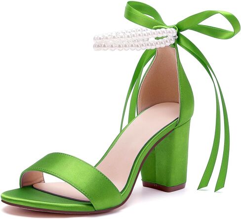 Women's Open Toe Pearl Wedding Shoes for Bride High Heels Sandals Satin Bridal Shoes Block Chunky Heels Ankle Strap Prom Evening Party Shoes Pumps in Saudi Arabia