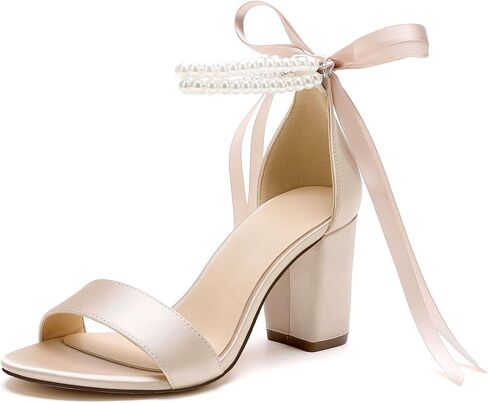 Women's Open Toe Pearl Wedding Shoes for Bride High Heels Sandals Satin Bridal Shoes Block Chunky Heels Ankle Strap Prom Evening Party Shoes Pumps in Saudi Arabia