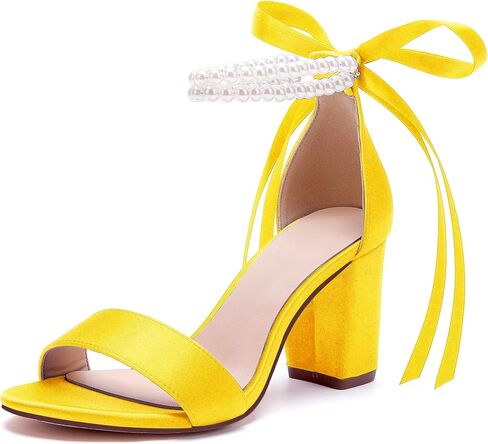 Women's Open Toe Pearl Wedding Shoes for Bride High Heels Sandals Satin Bridal Shoes Block Chunky Heels Ankle Strap Prom Evening Party Shoes Pumps in Saudi Arabia