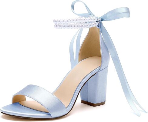 Women's Open Toe Pearl Wedding Shoes for Bride High Heels Sandals Satin Bridal Shoes Block Chunky Heels Ankle Strap Prom Evening Party Shoes Pumps in Saudi Arabia