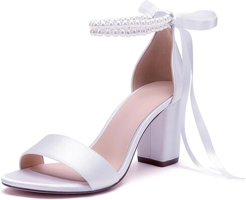 Women's Open Toe Pearl Wedding Shoes for Bride High Heels Sandals Satin Bridal Shoes Block Chunky Heels Ankle Strap Prom Evening Party Shoes Pumps in Saudi Arabia