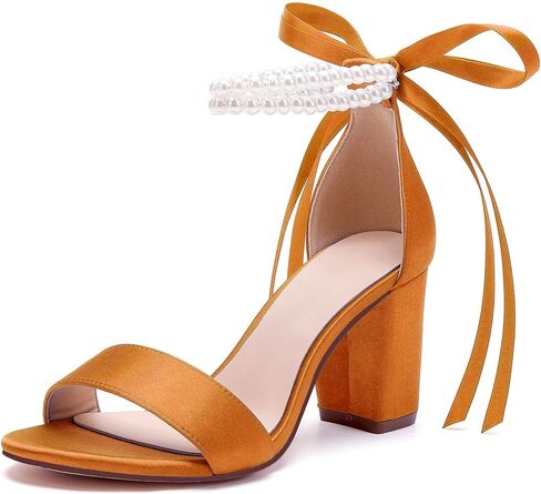 Women's Open Toe Pearl Wedding Shoes for Bride High Heels Sandals Satin Bridal Shoes Block Chunky Heels Ankle Strap Prom Evening Party Shoes Pumps in Saudi Arabia