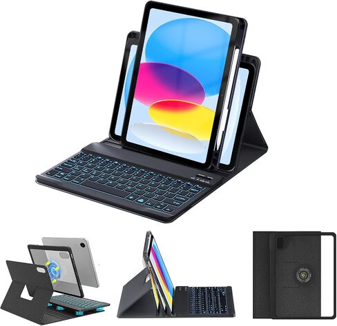 حافظة OYEEICE iPad الجيل العاشر مع لوحة مفاتيح مقاس 10.9 بوصة - لوحة مفاتيح بإضاءة خلفية قابلة للفصل، غطاء فوليو ذكي مع حامل أقلام لجهاز iPad الجديد الجيل العاشر 2022 - أسود in Kuwait