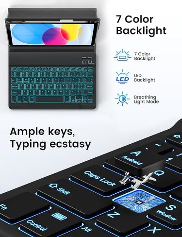 حافظة OYEEICE iPad الجيل العاشر مع لوحة مفاتيح مقاس 10.9 بوصة - لوحة مفاتيح بإضاءة خلفية قابلة للفصل، غطاء فوليو ذكي مع حامل أقلام لجهاز iPad الجديد الجيل العاشر 2022 - أسود in Kuwait