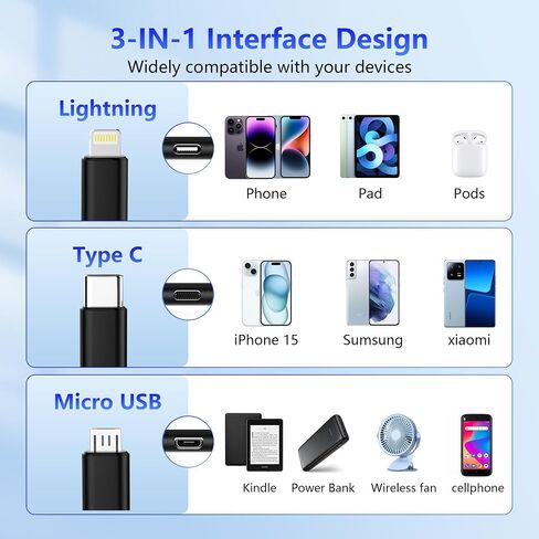كابل شحن متعدد كابل USB قابل للسحب - 2 حزمة سلك شاحن هاتف قابل للسحب 3 في 1 مع منفذ Lightn ing/Type-c/Micro USB للهواتف المحمولة، وiPhone، وiPad، وSamsung Galaxy، وPS، والأجهزة اللوحية (3.6FT/Pink) in Saudi Arabia