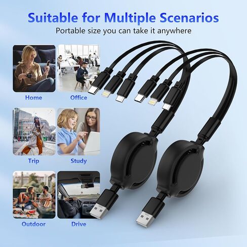 كابل شحن متعدد كابل USB قابل للسحب - 2 حزمة سلك شاحن هاتف قابل للسحب 3 في 1 مع منفذ Lightn ing/Type-c/Micro USB للهواتف المحمولة، وiPhone، وiPad، وSamsung Galaxy، وPS، والأجهزة اللوحية (3.6FT/Pink) in Saudi Arabia