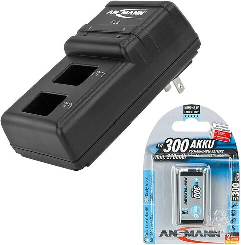 شاحن بطارية ANSMANN 9V Powerline 2 لبطاريات 1-2 NiMH / NiCd القابلة لإعادة الشحن 9 فولت - 2 خليج شاحن خلية فردي لبطاريات 9 فولت قابلة لإعادة الشحن + 2 حزمة بطاريات 300 مللي أمبير 9 فولت in Kuwait