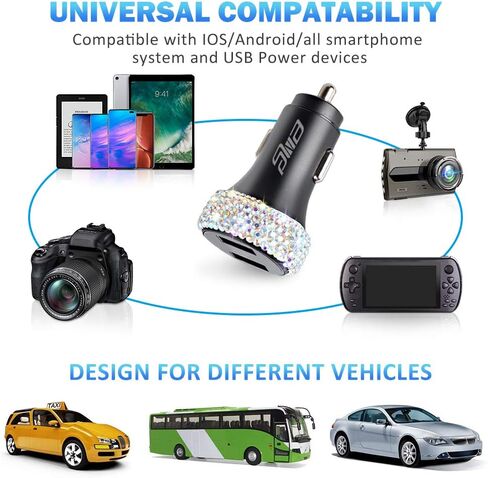 Dual USB Car Charger Quick Charge 3.0 Car Adapter Fast Charging Charger Compatible with iPhone 11/11pro/ MAX/XS/XR/X/10,iPad,Samsung S10/S10+/S9,Google Pixel 4/4 XL etc,Bling Car Decor,Pure Pink in Saudi Arabia