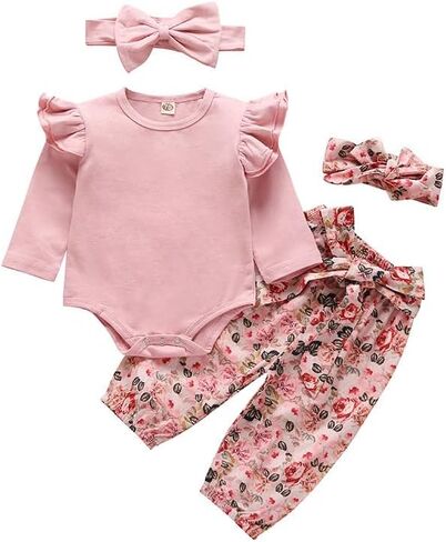 Baby Girl Clothes Ruffle Romper Floral Pant Headband Set Newborn Infant Fall Outfits 0-18M in Saudi Arabia