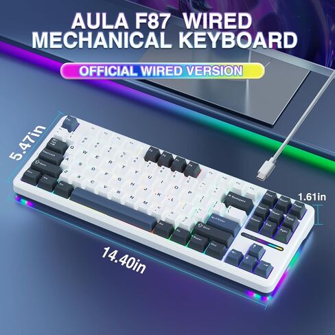 AULA F87 Wired Gaming Keyboard, 75% TKL Gasket Hot Swappable Custom Keyboard with Detachable USB Cable, Pre-lubed Greywood Switches, RGB Backlit Mechanical Gaming Keyboard for WINS/PC/Mac (White Blue) in Saudi Arabia