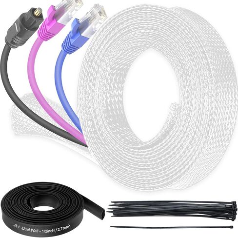 Cable Management Sleeve, 10FT Braided Sleeve Cover Wire Cord Protector 1/2 inch, Cord Management Split Sleeving for USB Cable Power Cord Audio Video Cable, Black in Saudi Arabia
