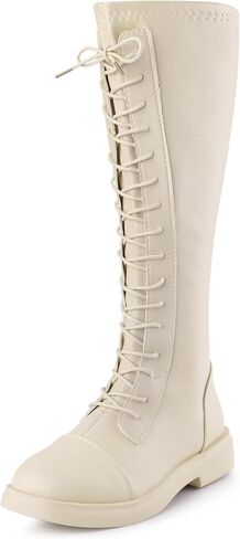 Allegra K Women's Lace Up Round Toe Lug Sole Boots Flat Low Heel Knee High Boots in Saudi Arabia