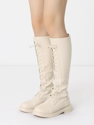 Allegra K Women's Lace Up Round Toe Lug Sole Boots Flat Low Heel Knee High Boots in Saudi Arabia