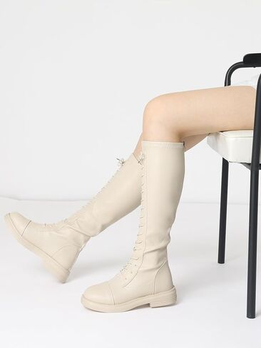 Allegra K Women's Lace Up Round Toe Lug Sole Boots Flat Low Heel Knee High Boots in Saudi Arabia