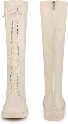 Allegra K Women's Lace Up Round Toe Lug Sole Boots Flat Low Heel Knee High Boots in Saudi Arabia