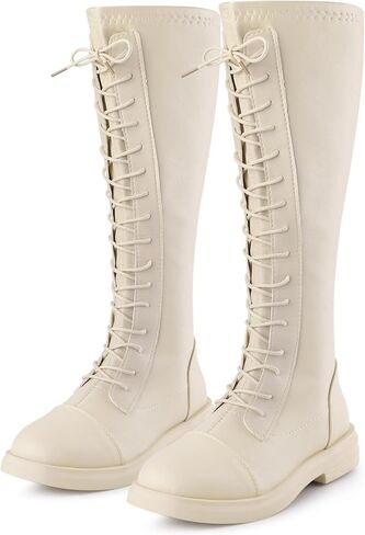 Allegra K Women's Lace Up Round Toe Lug Sole Boots Flat Low Heel Knee High Boots in Saudi Arabia